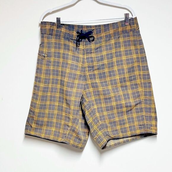 Patagonia Mens Board Surf Beach Shorts Mustard Brown Plaid Print Sz 34 Host Pick - Picture 1 of 7